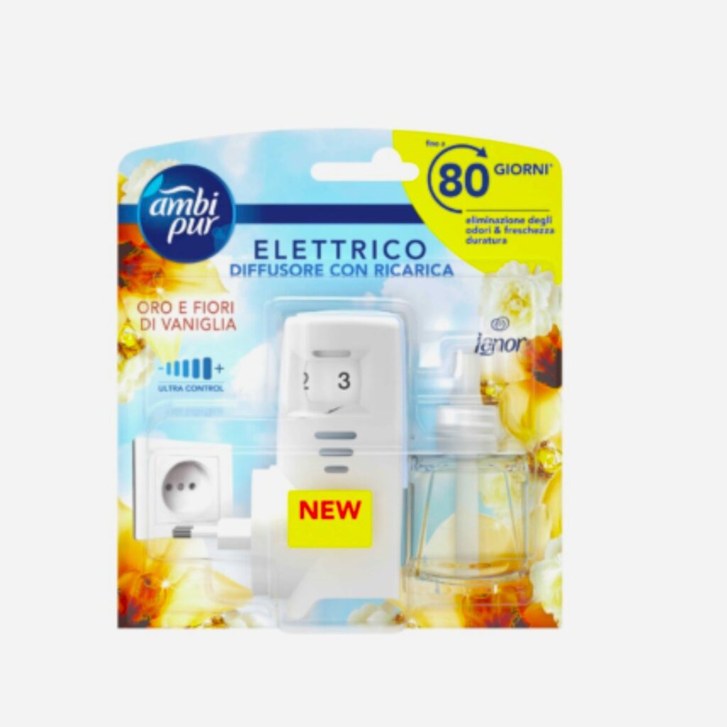 Ambi Pur Electric osvježivač prostora sa punjenjem Vanilija i Zlatna Orhideja 20 ml – električni uređaj sa dugotrajnom svježinom do 80 dana.