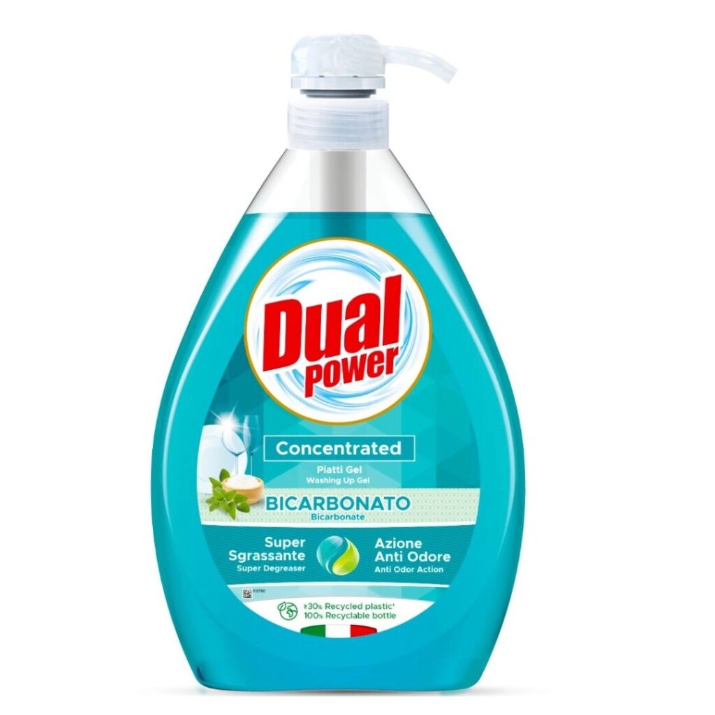 Dual Power Piatti Bicarbonato 1000 ml koncentrirani deterdžent za ručno pranje posuđa sa sodom bikarbonom i pumpicom – originalni italijanski proizvod.