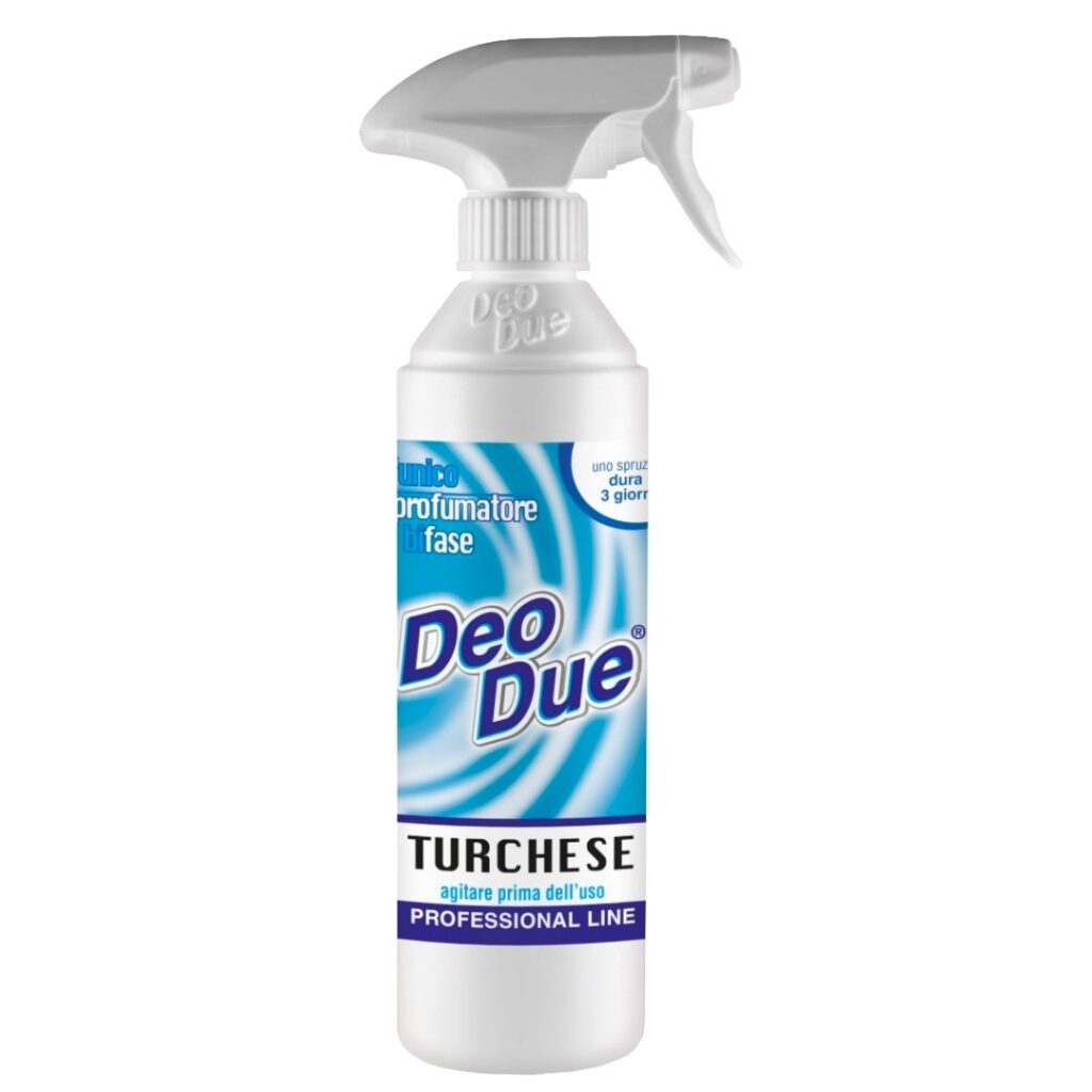 Deo Due Turchese Professional Line 500ml profesionalni osvježivač prostora i tkanina sa tirkiznim morskim mirisom, bifaznom tehnologijom i dugotrajnom svježinom do 3 dana 🌊✨🏠🇮🇹