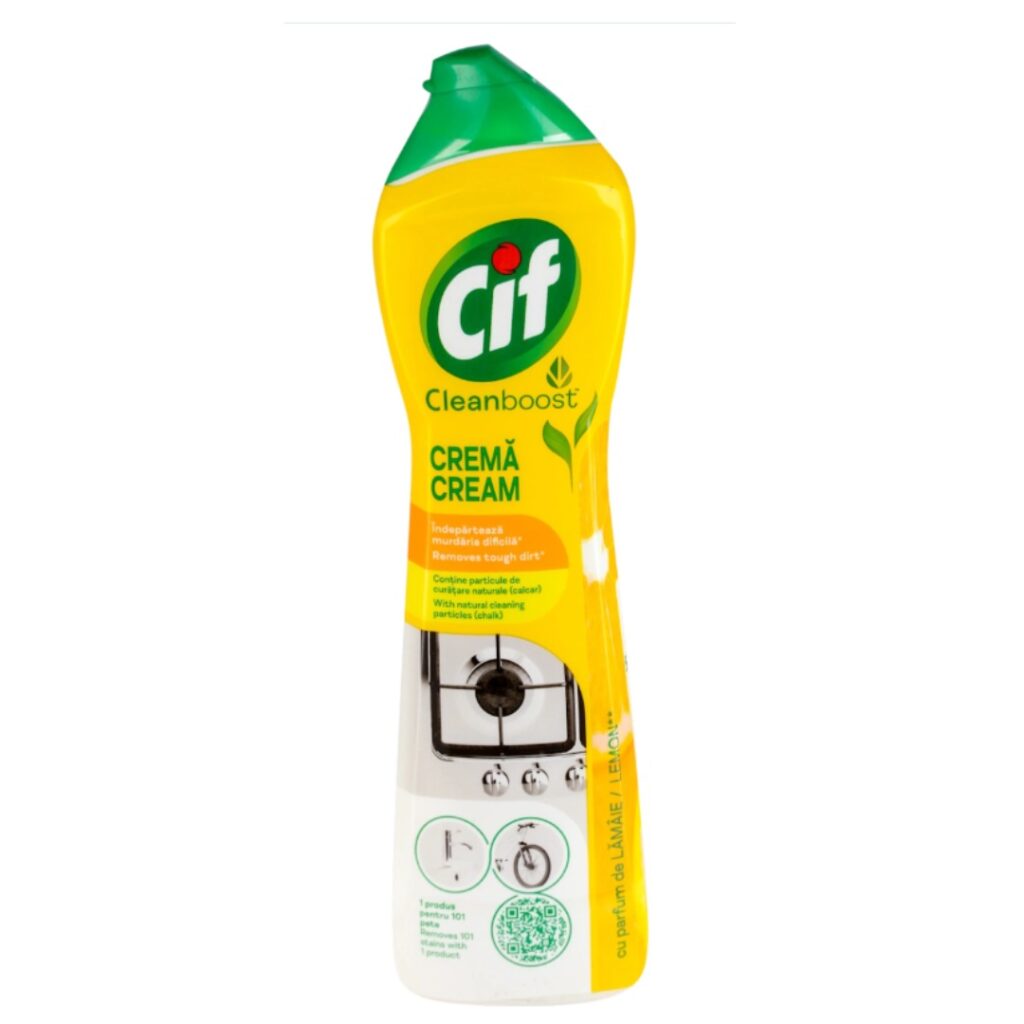 Cif Cleanboost Krema za čišćenje Limun 750 ml – kremasto sredstvo za uklanjanje tvrdokorne prljavštine i masnoće sa prirodnim česticama kalcita.