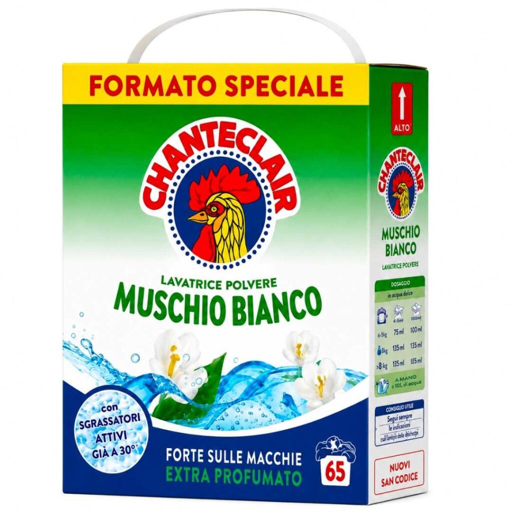 Chanteclair Muschio Bianco praškasti deterdžent za veš 2,9 kg za 65 pranja s mirisom bijelog mošusa.